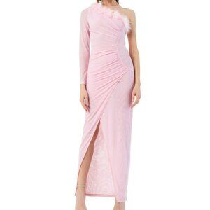 KikiRiki Feathered One Shoulder Front Slit Long Dress Pink Size Small NWT